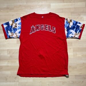 Angels Red Tee with Blue Floral Sleeves